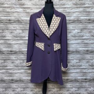 Anthro Nick & Mo Purple Coat with Tan Crochet-Lg